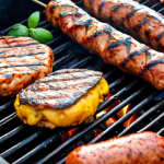 **Image of Grilled Meat Alternatives**: Create an enticing image of various meat alternatives like vegan burgers and sausages being grilled on a barbecue. The scene should include vibrant colors, with marinades being brushed on the products, and fresh herbs in the background to emphasize flavor.
