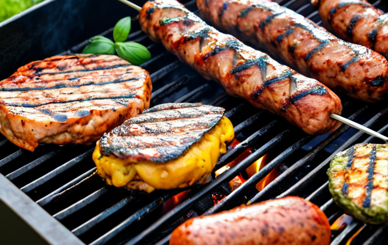 **Image of Grilled Meat Alternatives**: Create an enticing image of various meat alternatives like vegan burgers and sausages being grilled on a barbecue. The scene should include vibrant colors, with marinades being brushed on the products, and fresh herbs in the background to emphasize flavor.