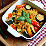 **

A vibrant, rustic vegetable and meat alternative casserole, golden brown and bubbling in an earthenware dish. Focus on the textural contrast of colorful vegetables (zucchini, peppers, eggplant) with crumbled smoked tofu or soy granules. Herbs like rosemary and thyme are visible. The casserole sits on a wooden table with a checkered cloth, suggesting a cozy, homemade meal.
**