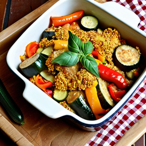 **

A vibrant, rustic vegetable and meat alternative casserole, golden brown and bubbling in an earthenware dish. Focus on the textural contrast of colorful vegetables (zucchini, peppers, eggplant) with crumbled smoked tofu or soy granules. Herbs like rosemary and thyme are visible. The casserole sits on a wooden table with a checkered cloth, suggesting a cozy, homemade meal.
**