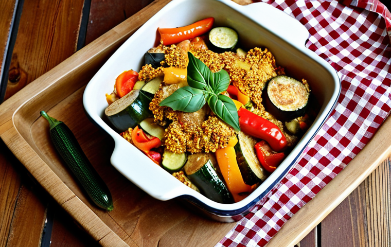 **

A vibrant, rustic vegetable and meat alternative casserole, golden brown and bubbling in an earthenware dish. Focus on the textural contrast of colorful vegetables (zucchini, peppers, eggplant) with crumbled smoked tofu or soy granules. Herbs like rosemary and thyme are visible. The casserole sits on a wooden table with a checkered cloth, suggesting a cozy, homemade meal.
**