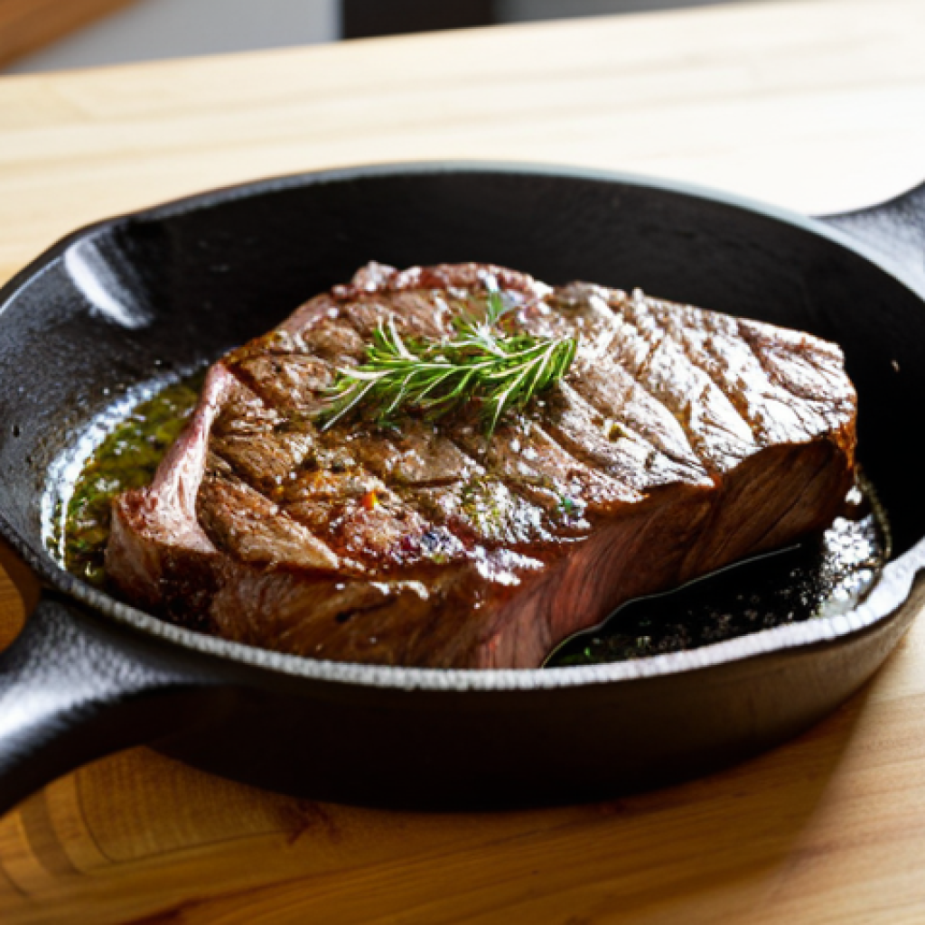 Sizzling Steak in a Cast Iron Pan**
A perfectly seared steak in a hot cast iron pan, sizzling with butter and herbs. The steak is medium-rare with a beautiful crust. Focus on the textures of the meat and pan. Minimal background, warm lighting. safe for work, appropriate content, fully clothed, professional food photography, perfect anatomy (of the steak!), natural proportions, high quality.
**