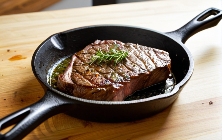 Sizzling Steak in a Cast Iron Pan**
A perfectly seared steak in a hot cast iron pan, sizzling with butter and herbs. The steak is medium-rare with a beautiful crust. Focus on the textures of the meat and pan. Minimal background, warm lighting. safe for work, appropriate content, fully clothed, professional food photography, perfect anatomy (of the steak!), natural proportions, high quality.
**
