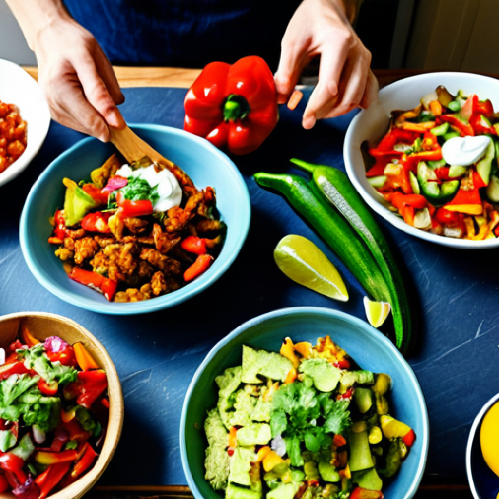 Preparing the Vegan Fajitas**

"A brightly lit kitchen scene. A diverse group of friends are gathered around a wooden table, chopping colorful vegetables (bell peppers, onions, zucchini) for vegan fajitas. Bowls of marinated tempeh and plant-based toppings (guacamole, salsa, vegan sour cream) are arranged on the table. Everyone is fully clothed in casual, everyday attire. Safe for work. Appropriate content. Professional food photography. Perfect anatomy (hands, facial features of the people). Natural pose. Family-friendly. High quality. Focus on the vibrant colors and textures of the ingredients."

**