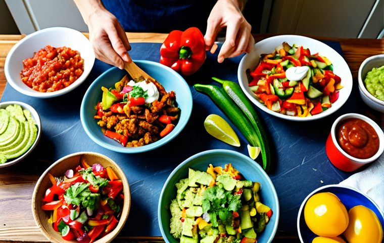 Preparing the Vegan Fajitas**
"A brightly lit kitchen scene. A diverse group of friends are gathered around a wooden table, chopping colorful vegetables (bell peppers, onions, zucchini) for vegan fajitas. Bowls of marinated tempeh and plant-based toppings (guacamole, salsa, vegan sour cream) are arranged on the table. Everyone is fully clothed in casual, everyday attire. Safe for work. Appropriate content. Professional food photography. Perfect anatomy (hands, facial features of the people). Natural pose. Family-friendly. High quality. Focus on the vibrant colors and textures of the ingredients."
**