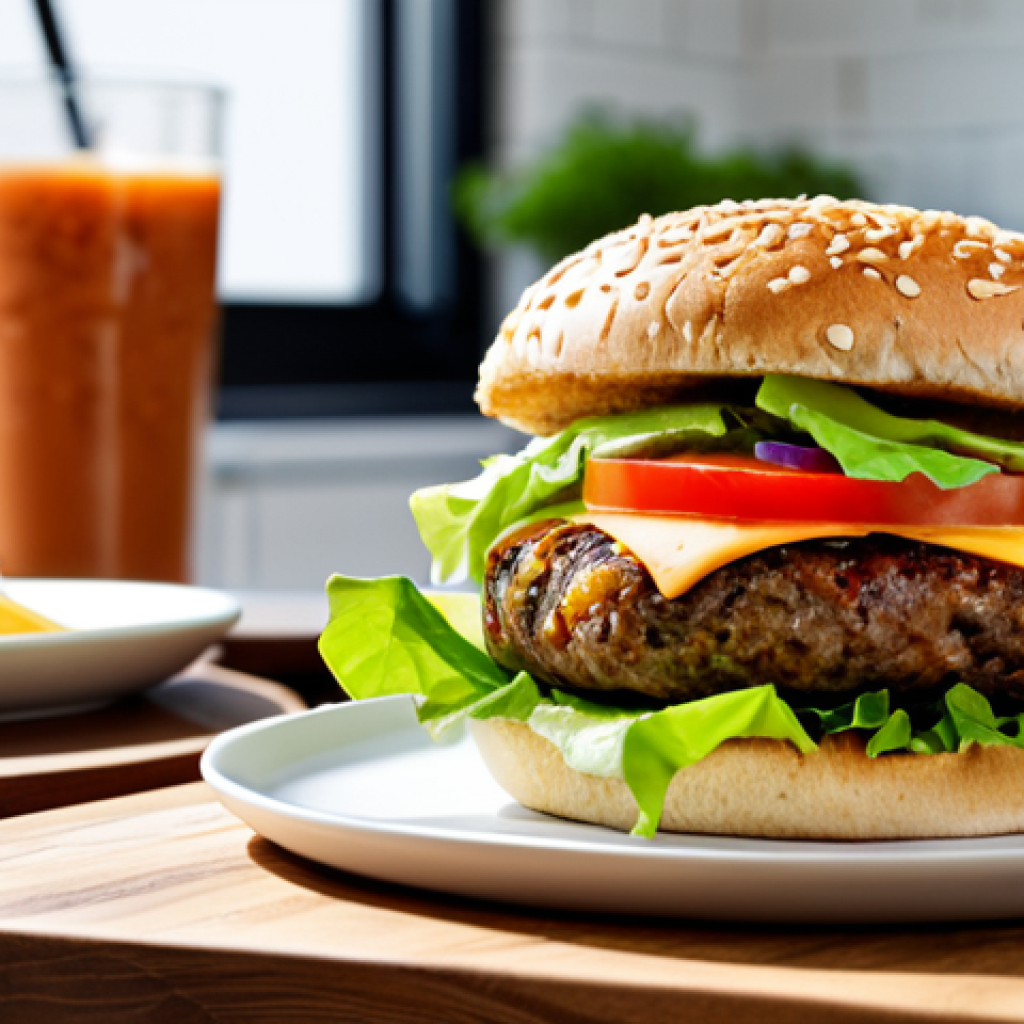 **

A delicious vegan burger, fully loaded with toppings, sitting on a wooden table in a bright, modern kitchen. The burger features a plant-based patty, lettuce, tomato, vegan cheese, and a special sauce. The focus is on the appealing texture and vibrant colors of the ingredients. "Safe for work," "appropriate content," "fully clothed" (referring to the metaphorical dressing of the burger), "family-friendly," "professional food photography," "high quality," "perfect composition," "natural lighting."

**