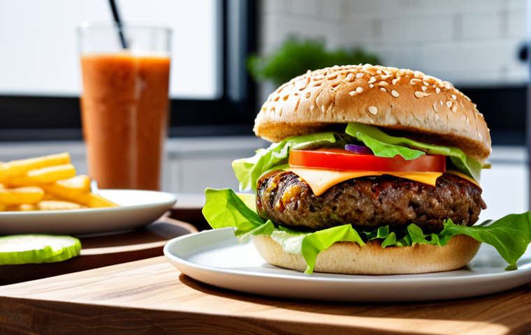 **
A delicious vegan burger, fully loaded with toppings, sitting on a wooden table in a bright, modern kitchen. The burger features a plant-based patty, lettuce, tomato, vegan cheese, and a special sauce. The focus is on the appealing texture and vibrant colors of the ingredients. "Safe for work," "appropriate content," "fully clothed" (referring to the metaphorical dressing of the burger), "family-friendly," "professional food photography," "high quality," "perfect composition," "natural lighting."
**