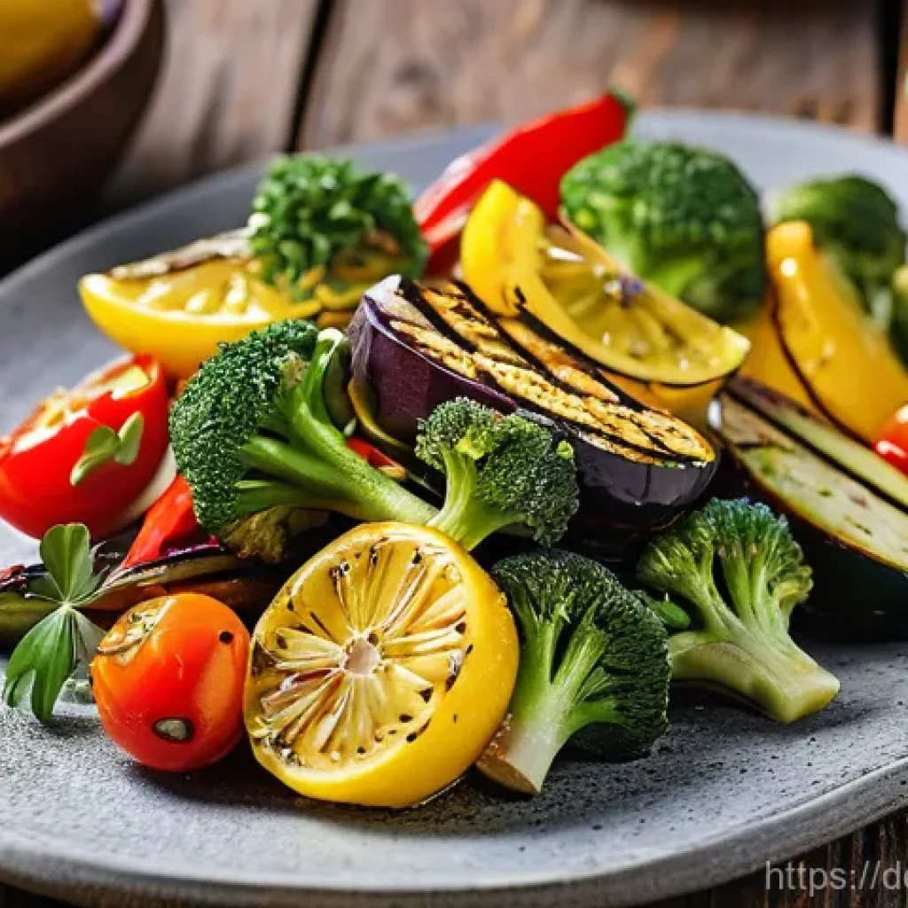 대체육으로 만든 구운 채소 요리법 - **Vibrant Grilled Vegetable Medley with Herb Marinade**
A close-up, high-resolution photo of a c...