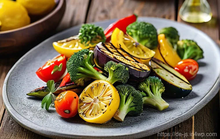대체육으로 만든 구운 채소 요리법 - **Vibrant Grilled Vegetable Medley with Herb Marinade**
    A close-up, high-resolution photo of a c...