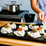 대체육으로 만든 전통 한국 요리 리메이크 - **Prompt:** "A brightly lit, modern German kitchen with warm wooden accents. A young adult, casually...