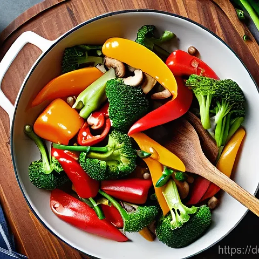 대체육으로 만든 매콤한 볶음요리법 - **Vibrant Plant-Based Stir-Fry in a Modern Kitchen:** A high-angle shot in a brightly lit, contempor...