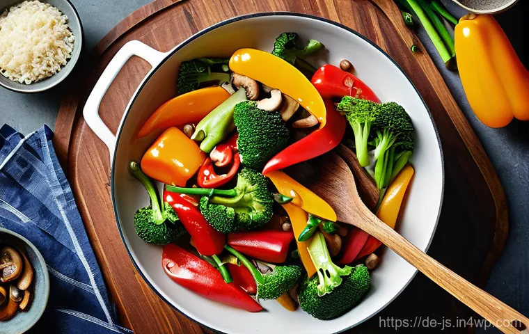 대체육으로 만든 매콤한 볶음요리법 - **Vibrant Plant-Based Stir-Fry in a Modern Kitchen:** A high-angle shot in a brightly lit, contempor...