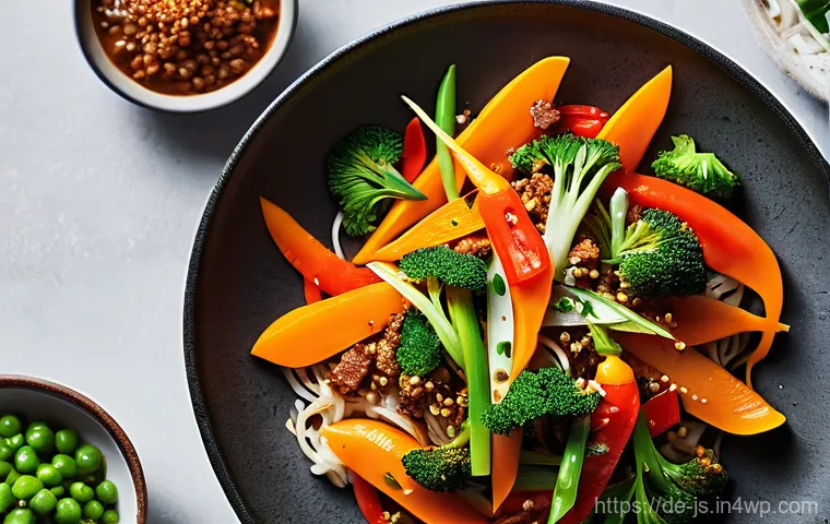 대체육으로 만든 매콤한 볶음요리법 - **Vibrant Plant-Based Stir-Fry in a Modern Kitchen:** A high-angle shot in a brightly lit, contempor...