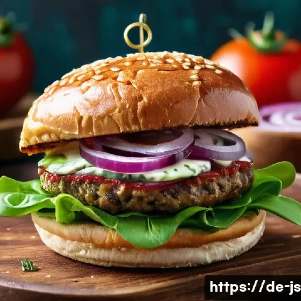 대체육 레시피의 영양 가치 분석 - A vibrant and detailed close-up of a gourmet plant-based burger on a rustic wooden plate, showcasing...