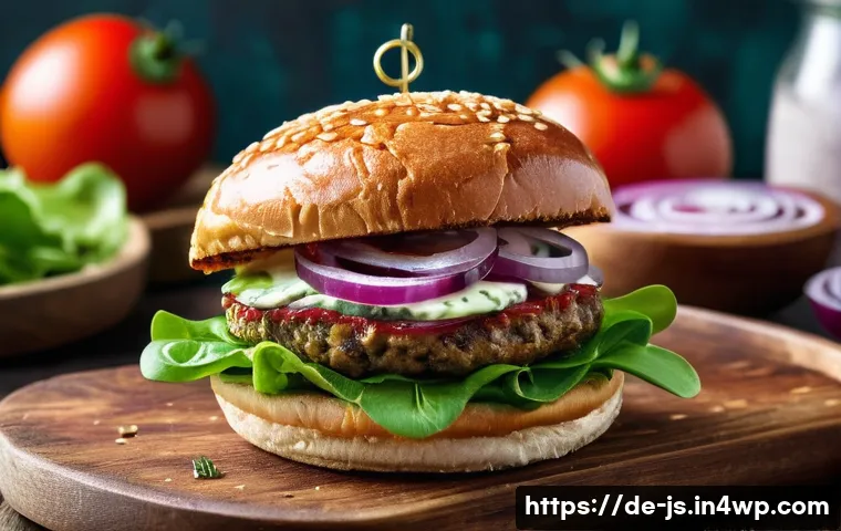 대체육 레시피의 영양 가치 분석 - A vibrant and detailed close-up of a gourmet plant-based burger on a rustic wooden plate, showcasing...