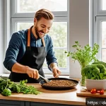 대체육으로 만든 저칼로리 요리법 - A vibrant, modern kitchen scene in a cozy German home, showing a person preparing a low-carb meal us...