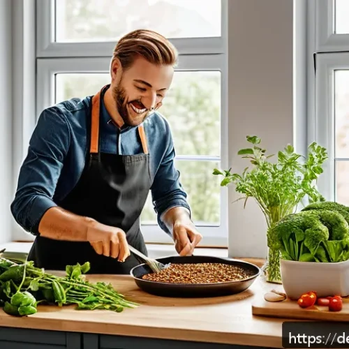 대체육으로 만든 저칼로리 요리법 - A vibrant, modern kitchen scene in a cozy German home, showing a person preparing a low-carb meal us...