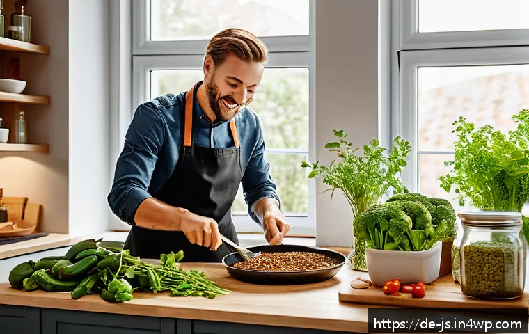 대체육으로 만든 저칼로리 요리법 - A vibrant, modern kitchen scene in a cozy German home, showing a person preparing a low-carb meal us...