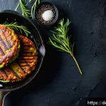 대체육 요리에서의 맛을 높이는 비법 - A close-up shot of a sizzling plant-based meat patty in a non-stick skillet, glistening with avocado...