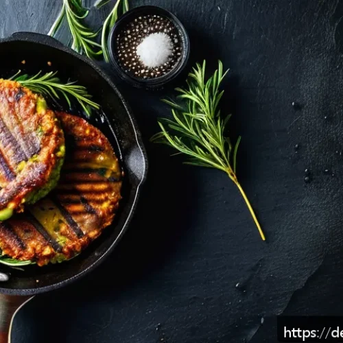 대체육 요리에서의 맛을 높이는 비법 - A close-up shot of a sizzling plant-based meat patty in a non-stick skillet, glistening with avocado...