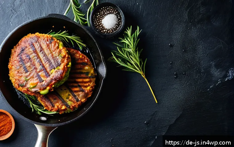 대체육 요리에서의 맛을 높이는 비법 - A close-up shot of a sizzling plant-based meat patty in a non-stick skillet, glistening with avocado...